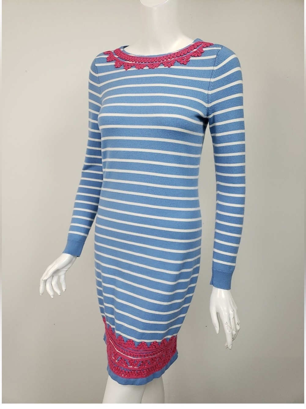 Vineyard Vines XS Wool sweater dress blue/white stripes wpink floral embroidery